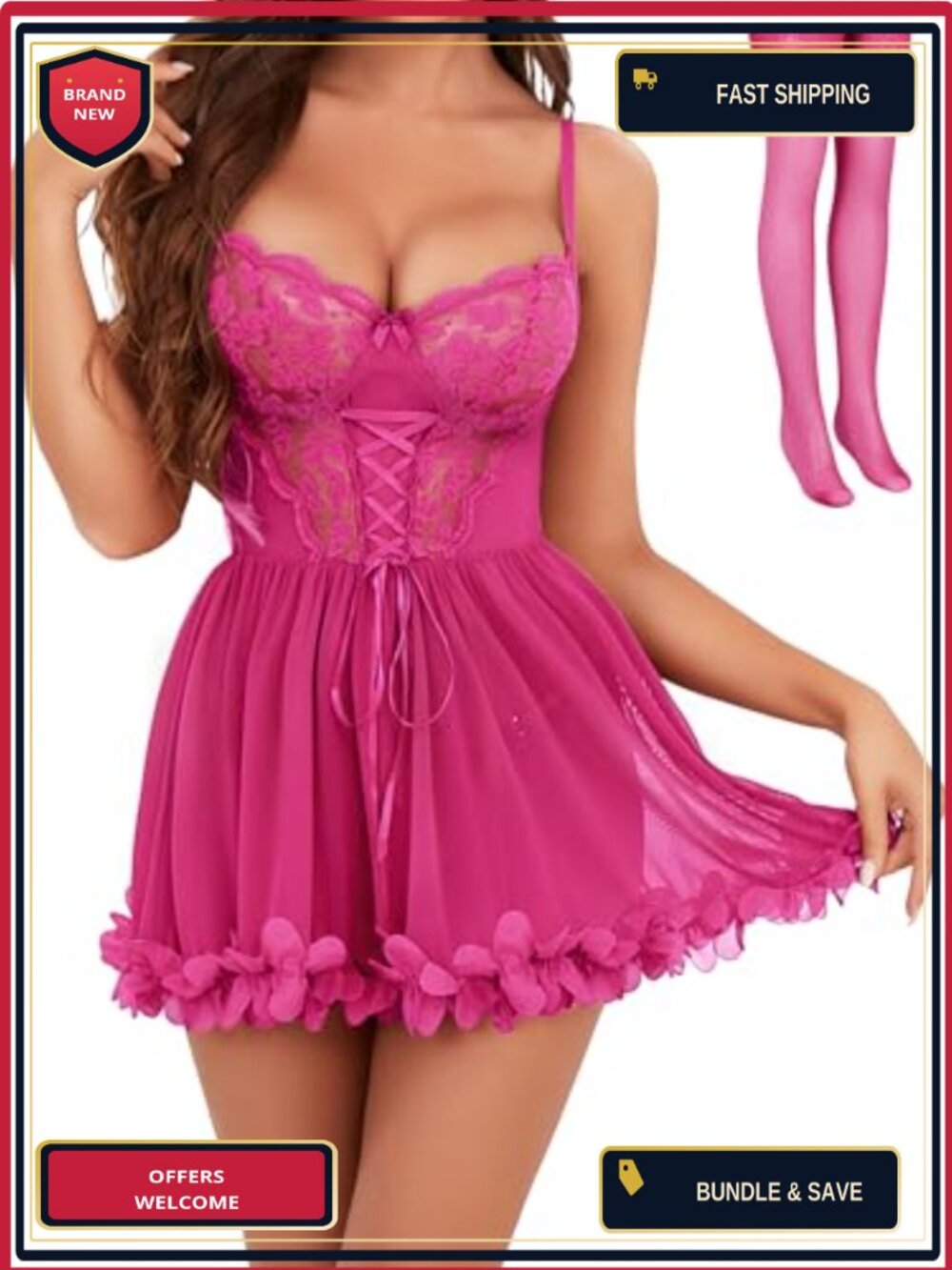 Lace Babydoll Chemise Set Push Up Garter Stockings Sleepwear